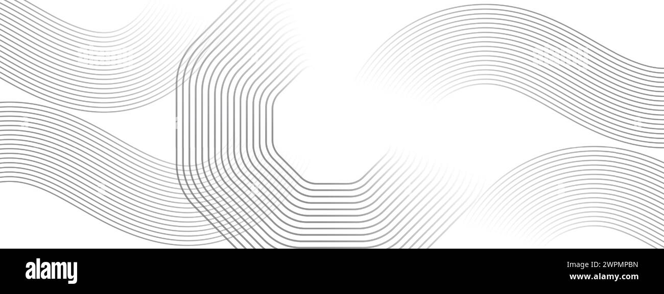 Abstrakte wellenende schwarze Kreise, fließende Linien Technologie Hintergrund. Leuchtende Linien glänzende geometrische Form Technologie Konzept für Banner, Website, Header Stock Vektor