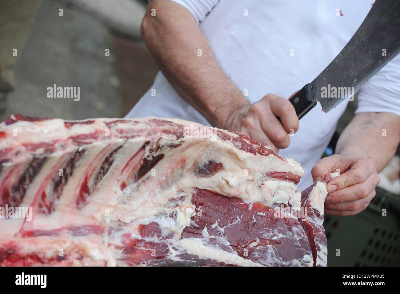 Bistecca Fiorentina taglio in Cucina/Fiorentina Steak geschnitten in der Küche Stockfoto