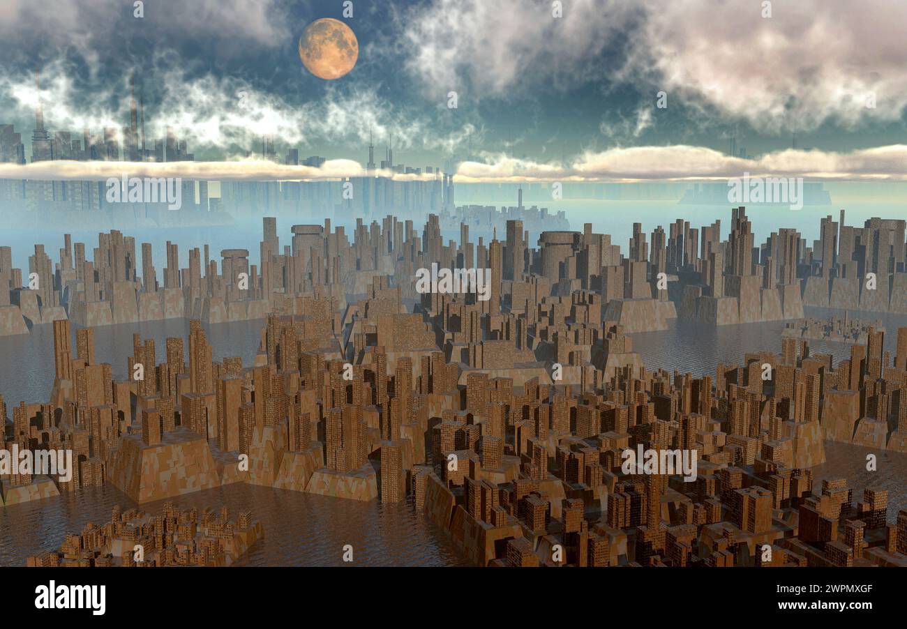 Steigende Wasserstände überschwemmen Eine konzeptionelle Stadt Stockfoto