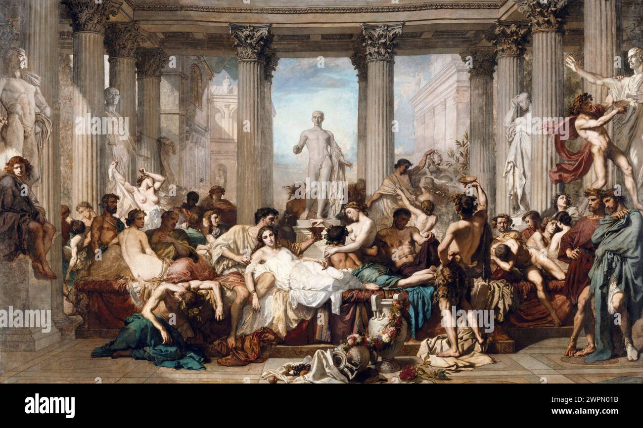 Die Römer in ihrer Dekadenz ist ein Gemälde des französischen Künstlers Thomas Couture, das die römische Dekadenz darstellt. Stockfoto