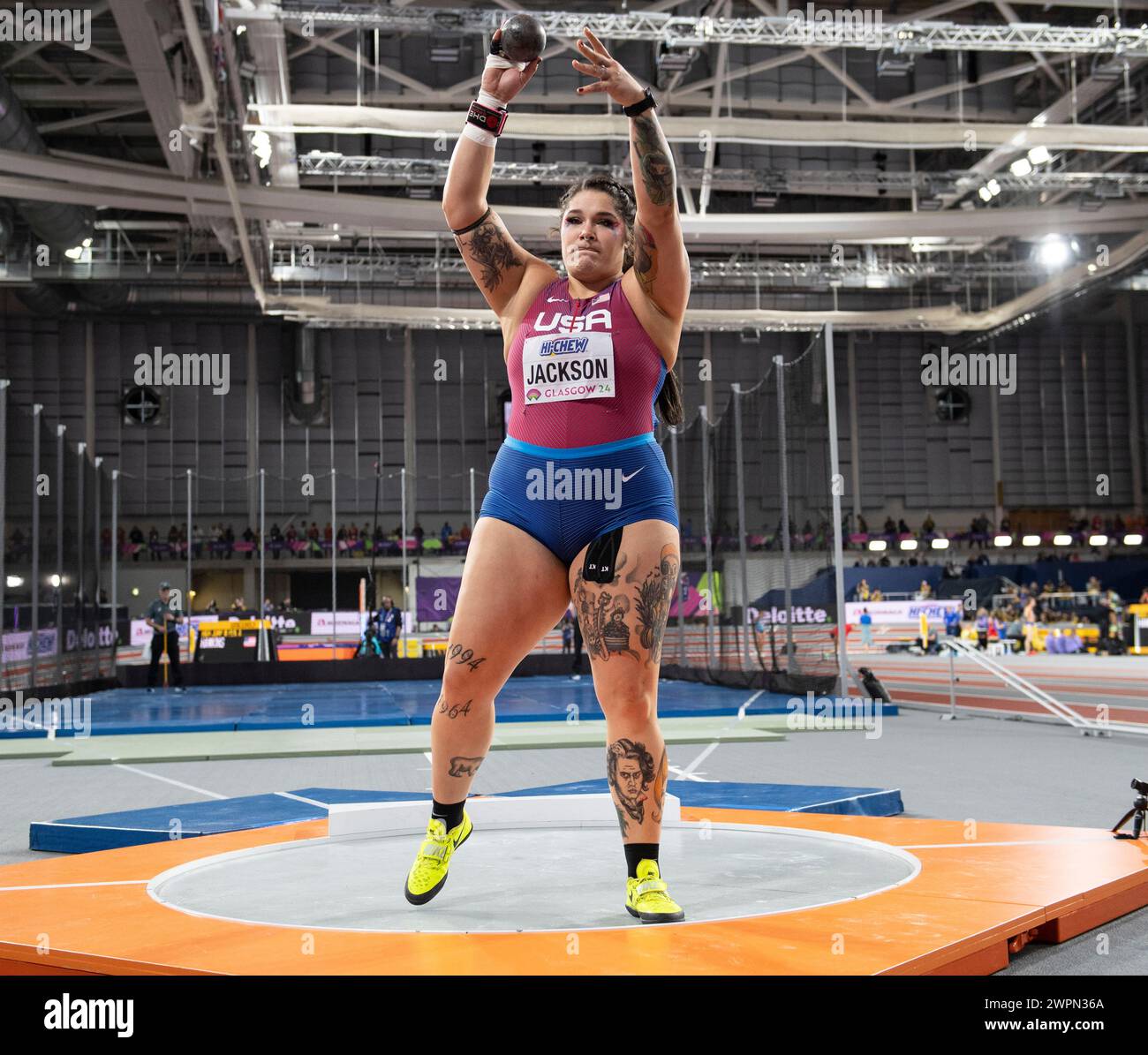 Chase Jackson aus den USA, der beim Frauen-Kugelstoßen bei den Leichtathletik-Hallenweltmeisterschaften in der Emirates Arena, Glasgow, Schottland, Großbritannien antrat. 1./3 Stockfoto