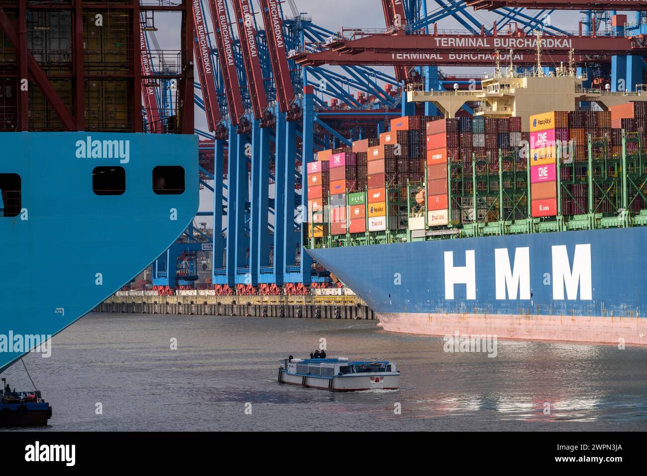 Hafenrundfahrt im Waltershofer Hafen, HHLA Containerterminal Burchardkai, HMM Nuri Containerfrachter, Containerschiff, Hamburg, Deutschland Stockfoto