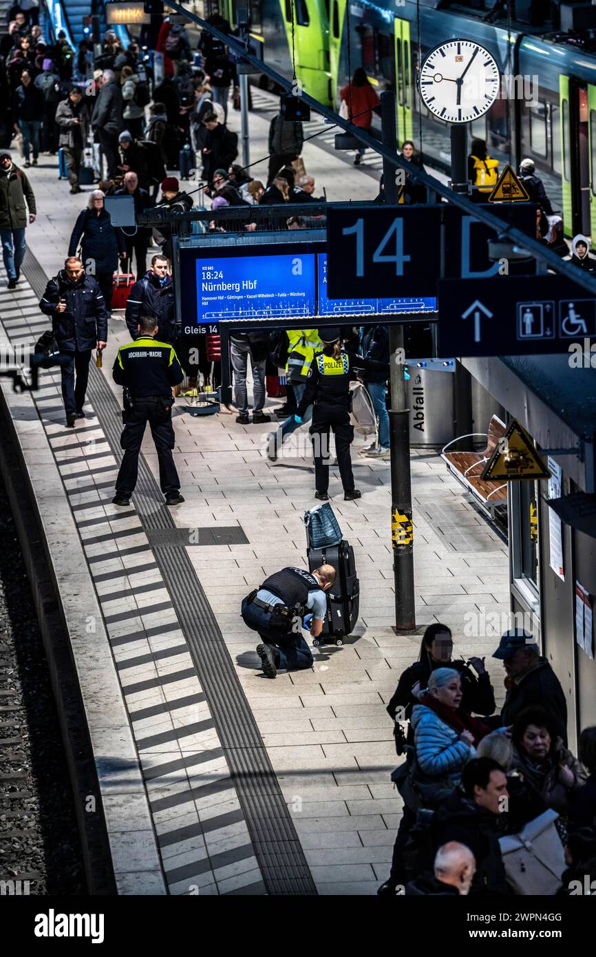 Polizeiaktion am Hamburger Hauptbahnhof, in der abendlichen Hauptverkehrszeit wurde ein verlassener Koffer auf einem Bahnsteig entdeckt, Polizeibeamte sperrten die pla ab Stockfoto