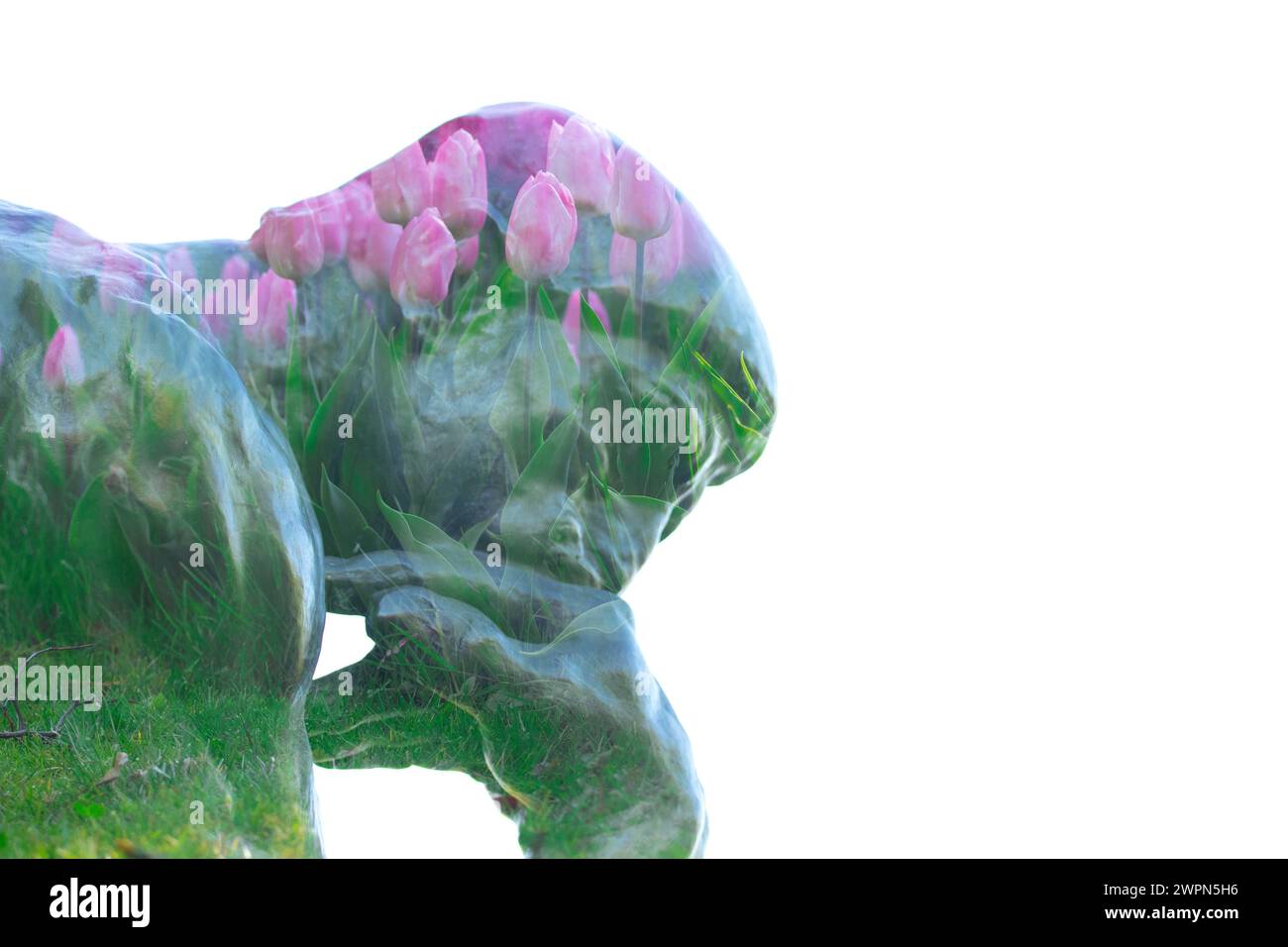 Der blumige Denker, Statue, Blumen, doppelte Exposition Stockfoto