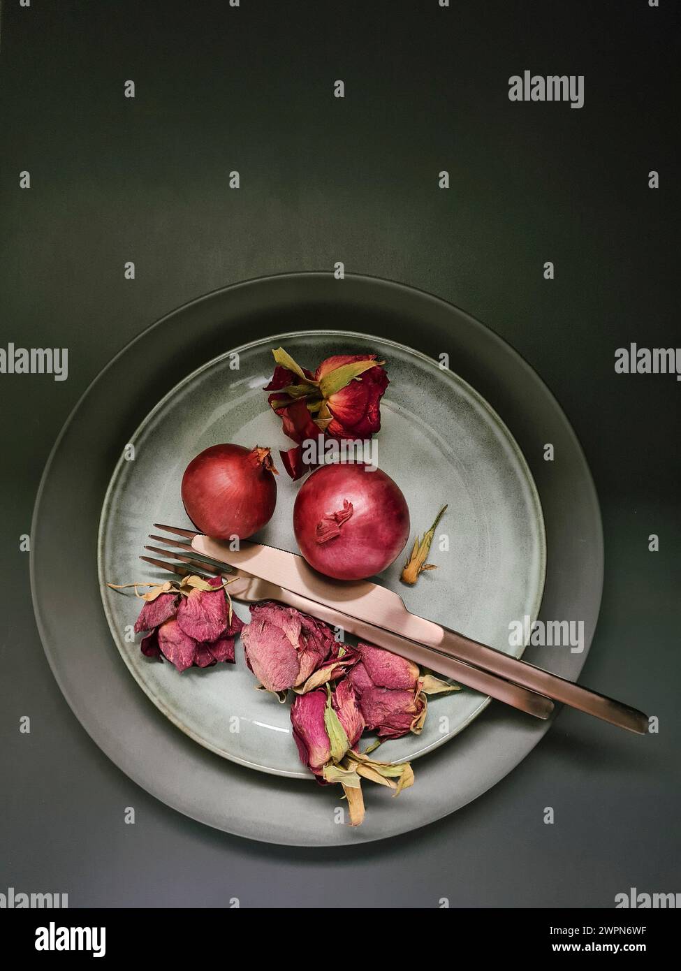 Anordnung von zwei ganzen roten Zwiebeln mit getrockneten Rosenblättern neben kupferfarbenem Besteck auf einer Porzellanplatte als Stillleben Stockfoto