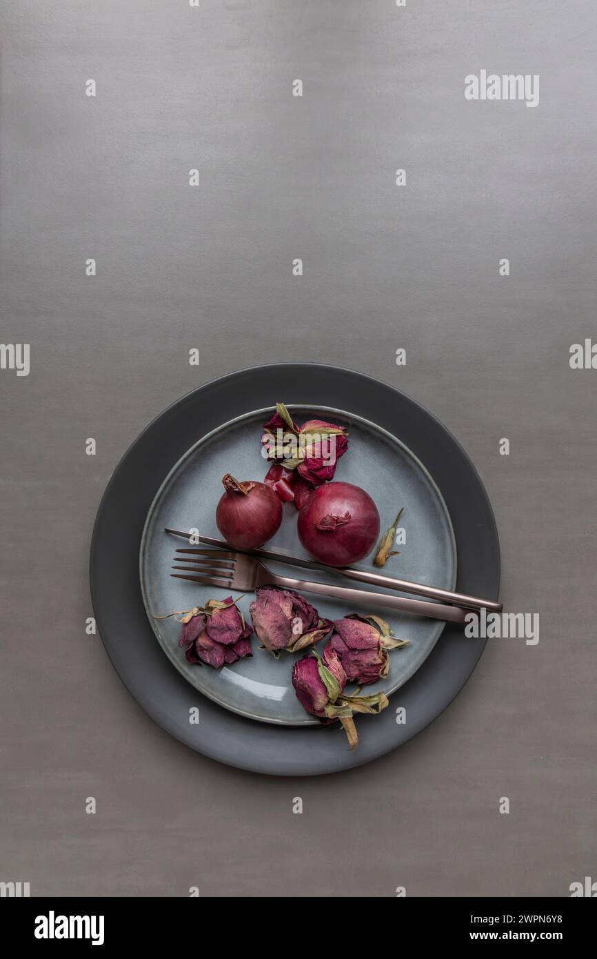 Anordnung von zwei ganzen roten Zwiebeln mit getrockneten Rosenblättern neben kupferfarbenem Besteck auf einer Porzellanplatte als Stillleben Stockfoto
