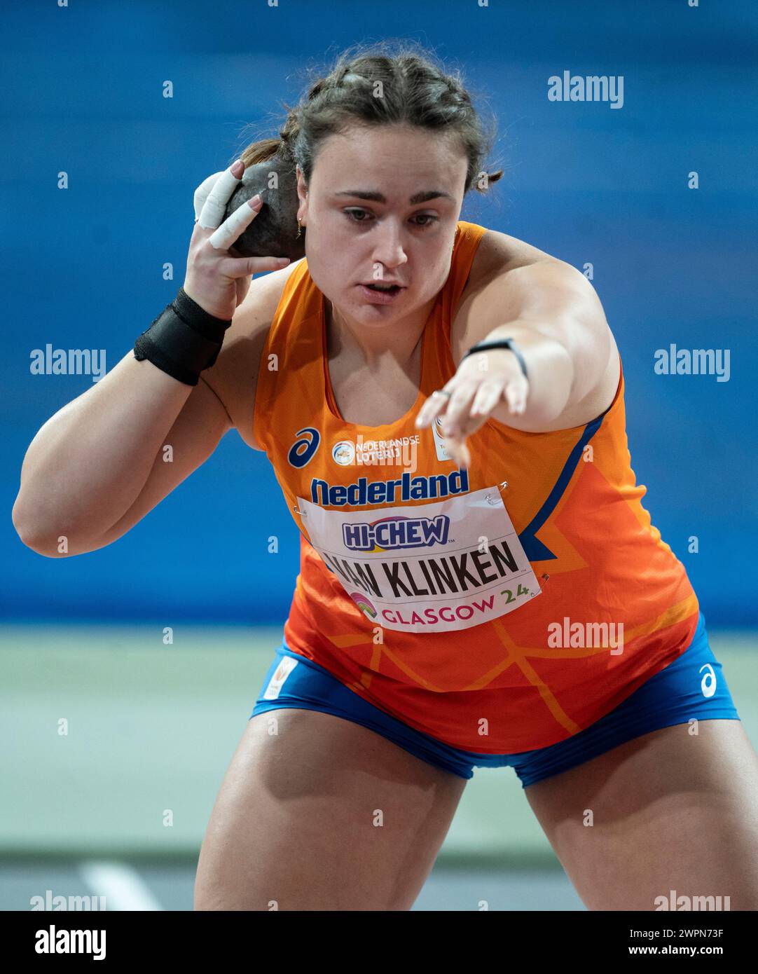 Jorinde Van Klinken aus den Niederlanden trat beim Frauenschuss bei den Leichtathletik-Hallenweltmeisterschaften in der Emirates Arena in Glasgow, Scotlan an Stockfoto