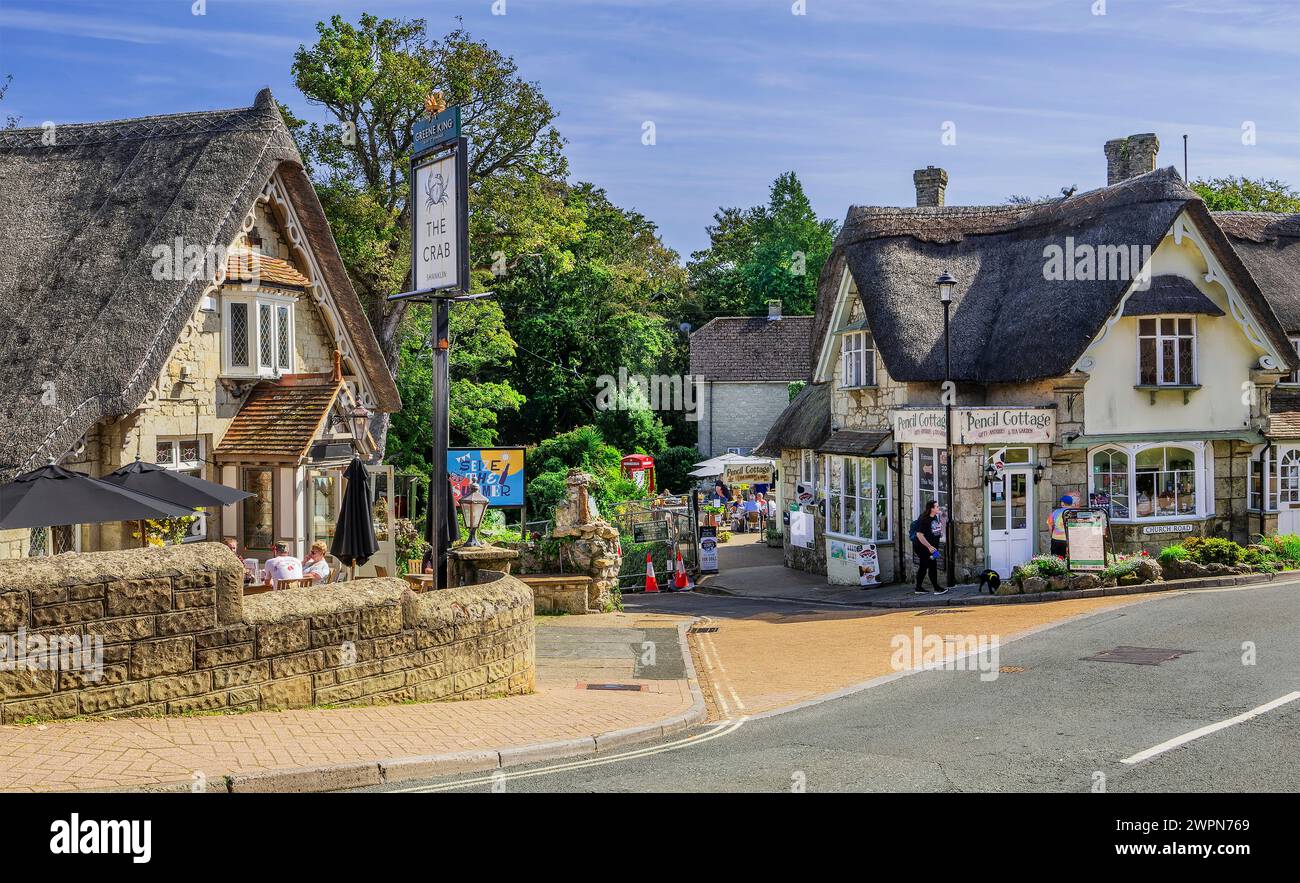Reetgedeckte Gästehäuser in The Old Village, Shanklin, Isle of Wight, Hampshire, Großbritannien, England Stockfoto