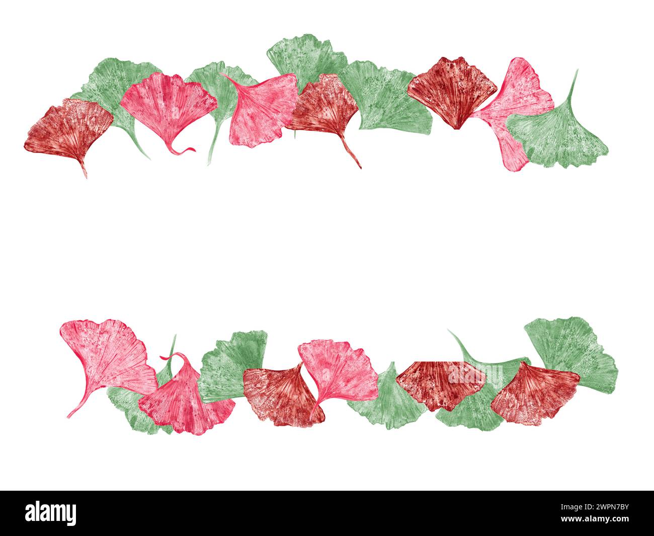 Modische Designkarte. Blattabdrücke in rosa, grün, rot. Horizontaler Rahmen mit mehrfarbigen Blättern und Platz für Text. Ginkgo, Palm Stockfoto