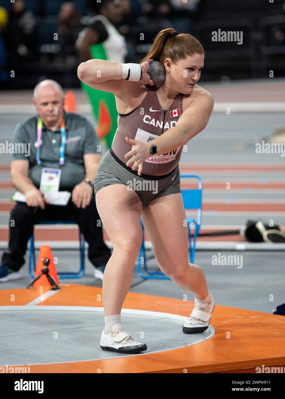 Sarah Mitton aus Kanada trat beim Frauen-Kugelstoßen bei den Leichtathletik-Hallenweltmeisterschaften in der Emirates Arena in Glasgow, Schottland, Großbritannien an. 1./3. Ma Stockfoto