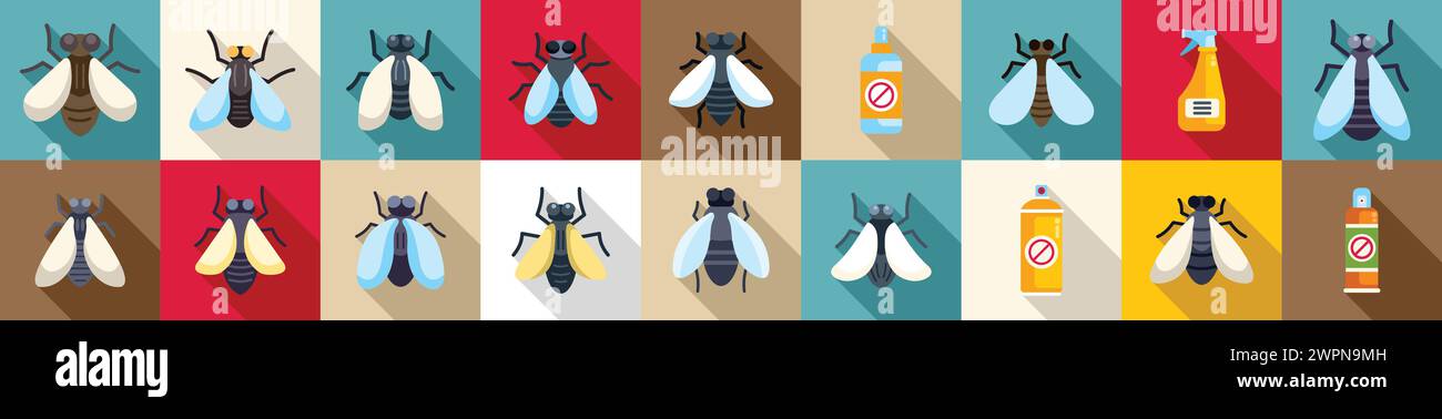 Tsetse-Fliegen-Symbole legen einen flachen Vektor fest. Gefährliche Krankheit. Insektenfliege Summen Stock Vektor