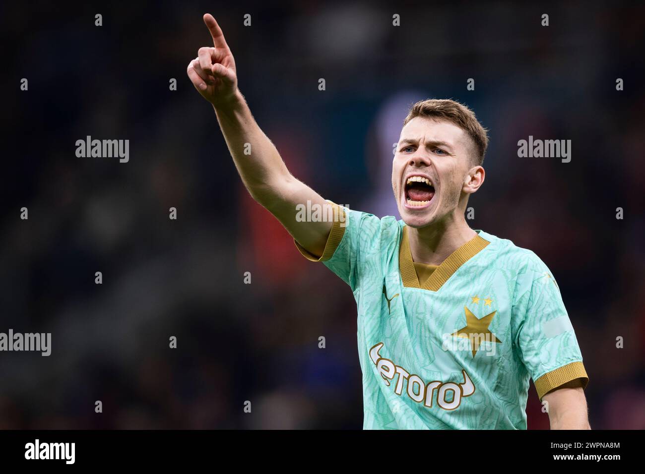 Mailand, Italien. 7. März 2024. David Doudera von SK Slavia Praha Gesten im Achtelfinale der UEFA Europa League zwischen AC Milan und SK Slavia Praha. Quelle: Nicolò Campo/Alamy Live News Stockfoto