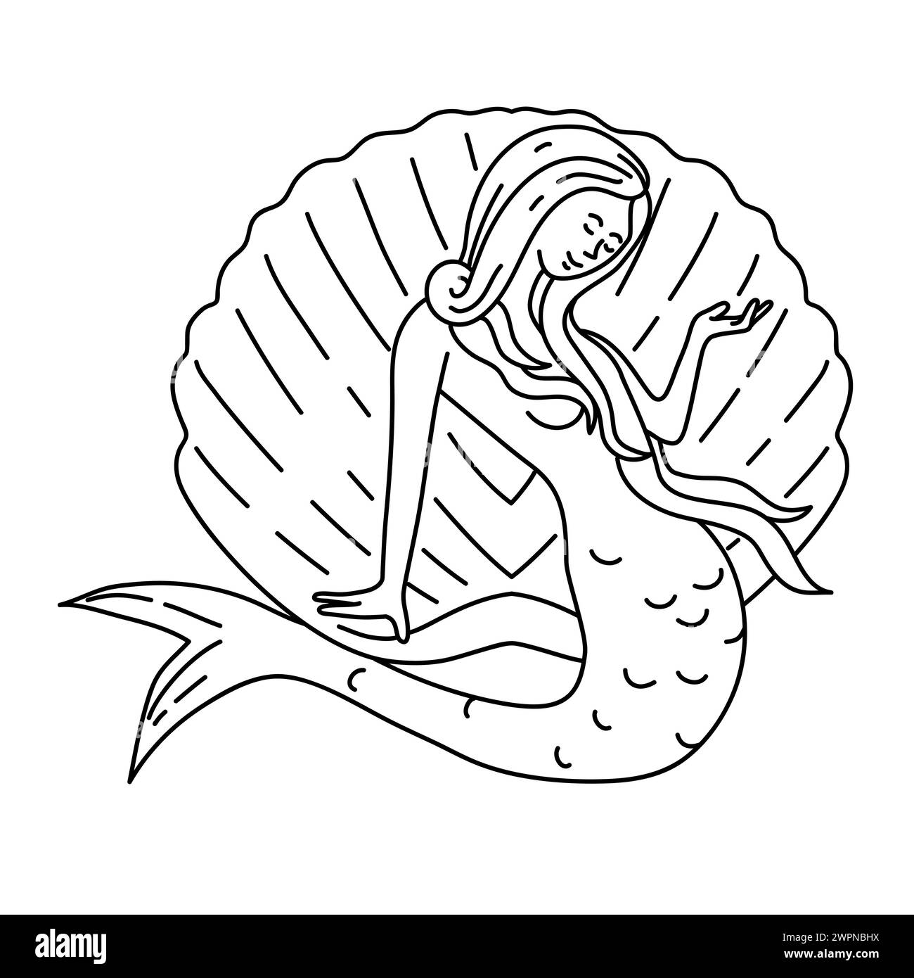 Mono-Line-Illustration einer Meerjungfrau oder Sirene mit langen, fließenden Haaren, die auf Muschelschale sitzen, von vorne gesehen, im Monoline-Line-Art-Stil. Stockfoto