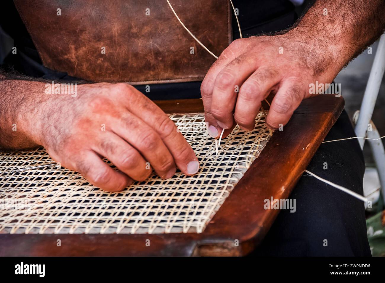 Die geschickten Hände eines Handwerkers beim Reparieren des Strohs eines Stuhls Stockfoto