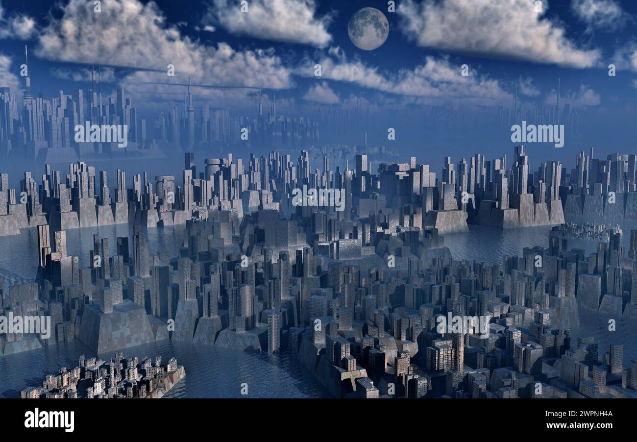 Steigende Wasserstände überschwemmen Eine konzeptionelle Stadt Stockfoto