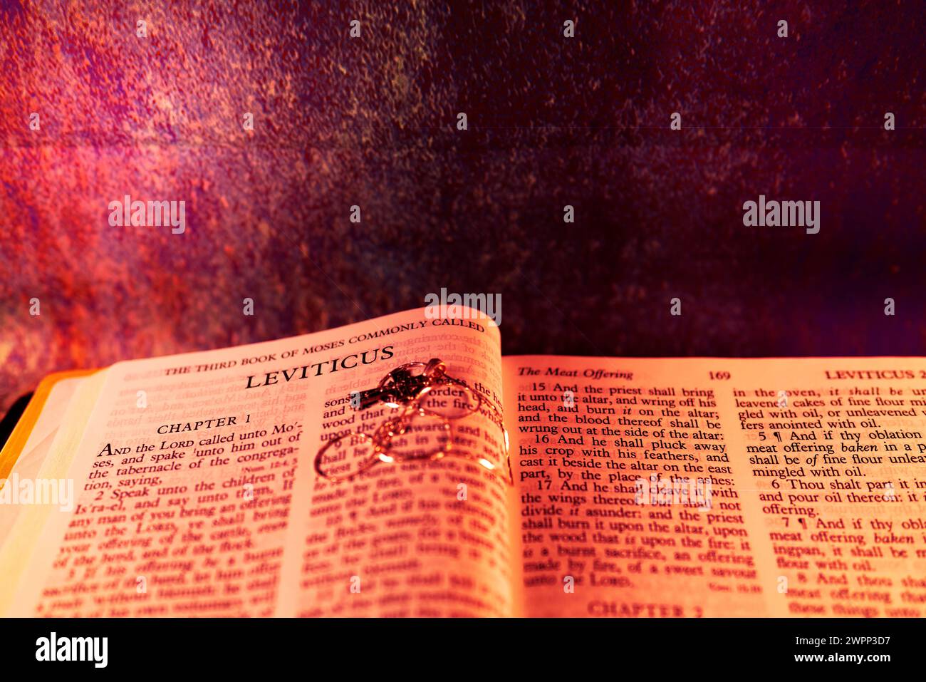 Lens Flare Effect mit Open Holybile Book das dritte Buch von MOSES, das gemeinhin Leviticus genannt wird, um Hintergrund und Inspiration zu erhalten Stockfoto