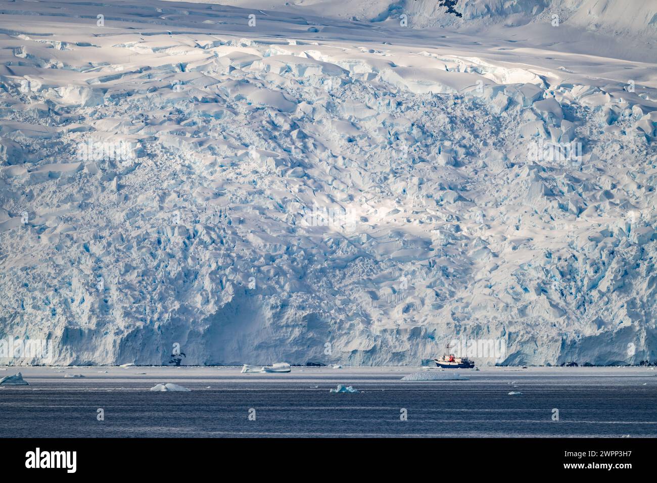 Massiver kontinentaler Gletscher, ein Kreuzfahrtschiff für Skala. Antarktis. Stockfoto