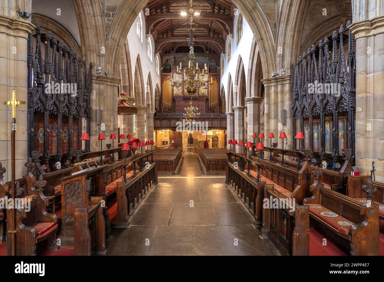Innere der Lancaster Priory oder Priory Church of St Mary in Lancaster, Lancashire, England, Großbritannien, Europa Stockfoto