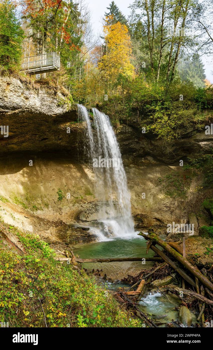 Deutschland, Bayern, Scheidegg, Scheidegg Wasserfälle, zweiter Wasserfall. Die Scheidegg-Wasserfälle stehen auf der Liste der schönsten Geotope Bayerns. Stockfoto