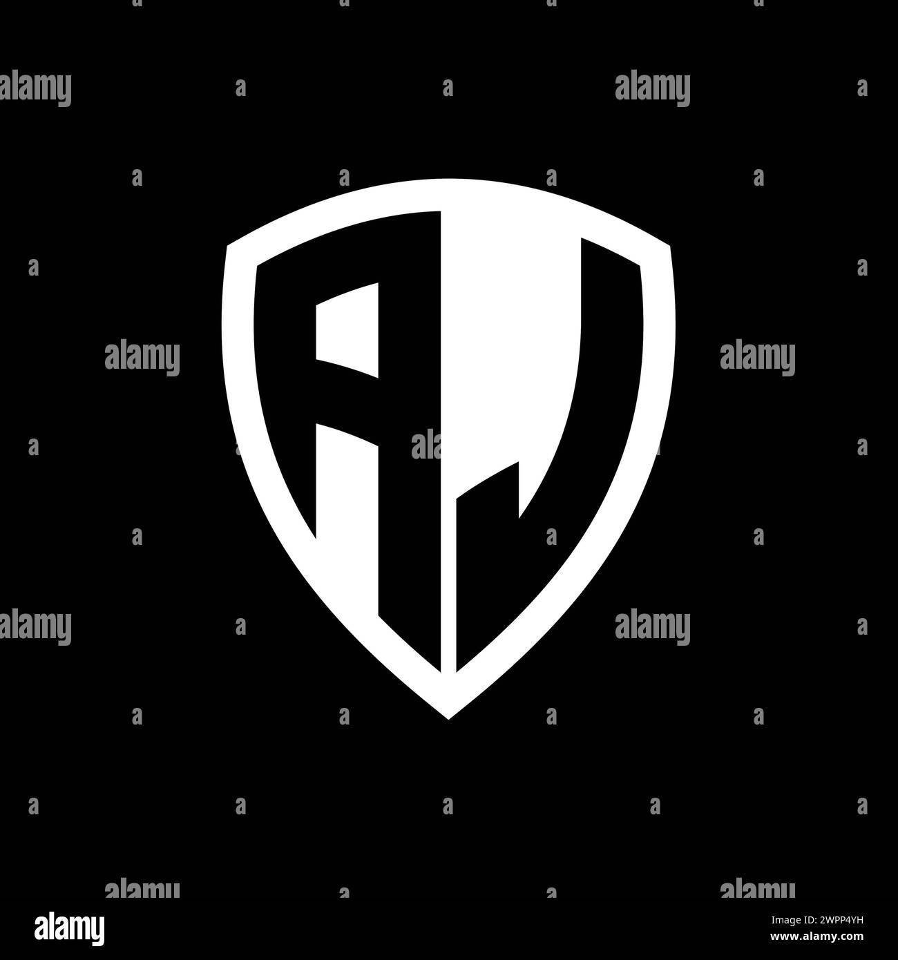 AJ-Monogramm-Logo mit auffälligen Buchstaben in Schildform und schwarz-weißer Farbvorlage Stockfoto