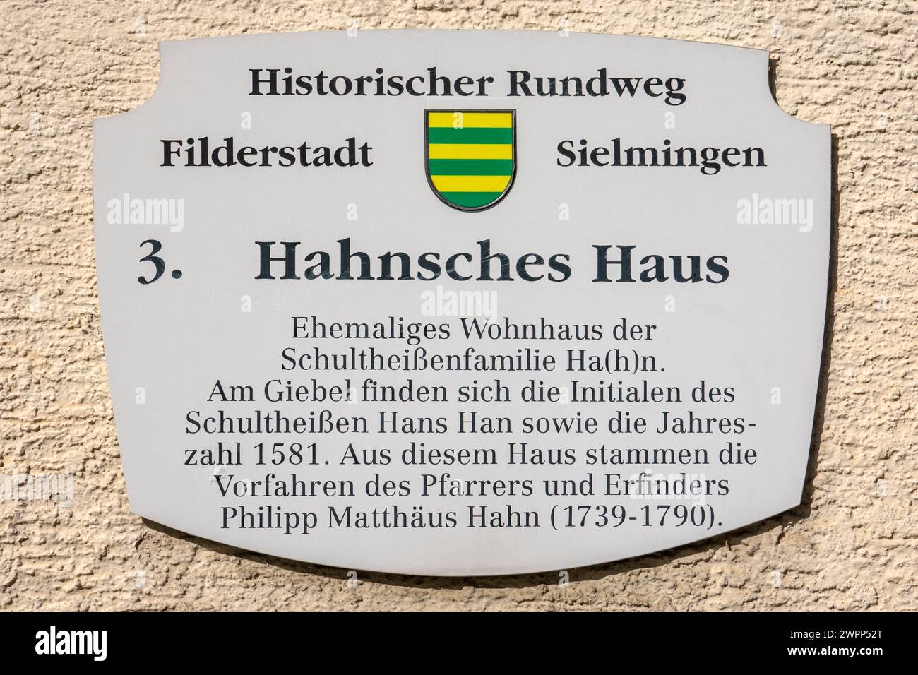 Filderstadt-Sielmingen, Hahnhaus ab 1581, ehemaliges Wohnhaus der Familie Hahn. Ein Nachkomme der Familie Hahn war der Priester und Erfinder Philipp Matthäus Hahn. Stockfoto