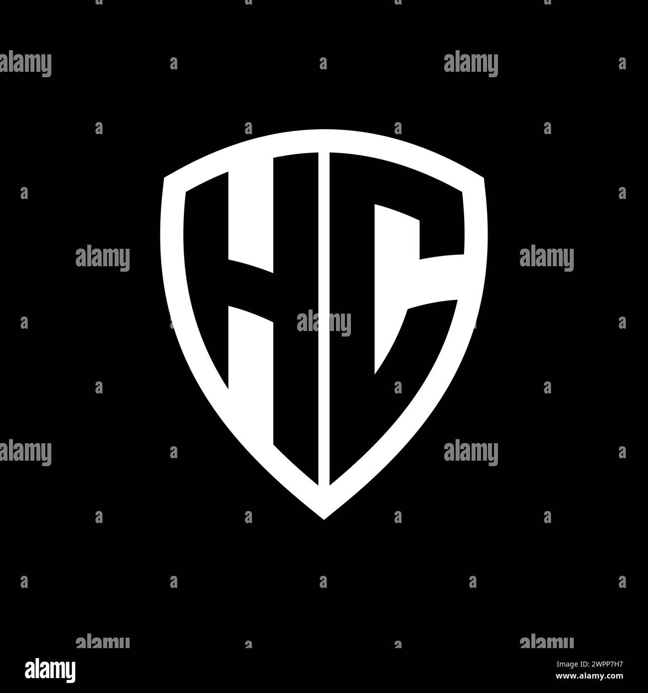 HC-Monogramm-Logo mit auffälligen Buchstaben in Schildform mit schwarz-weißer Farbvorlage Stockfoto