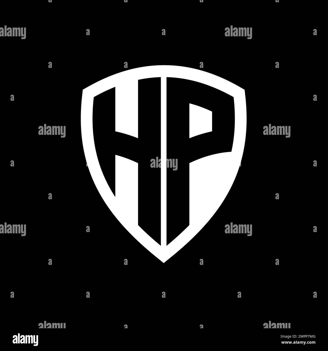 HP Monogramm-Logo mit auffälligen Buchstaben, Abschirmung und Schwarzweiß-Designvorlage Stockfoto