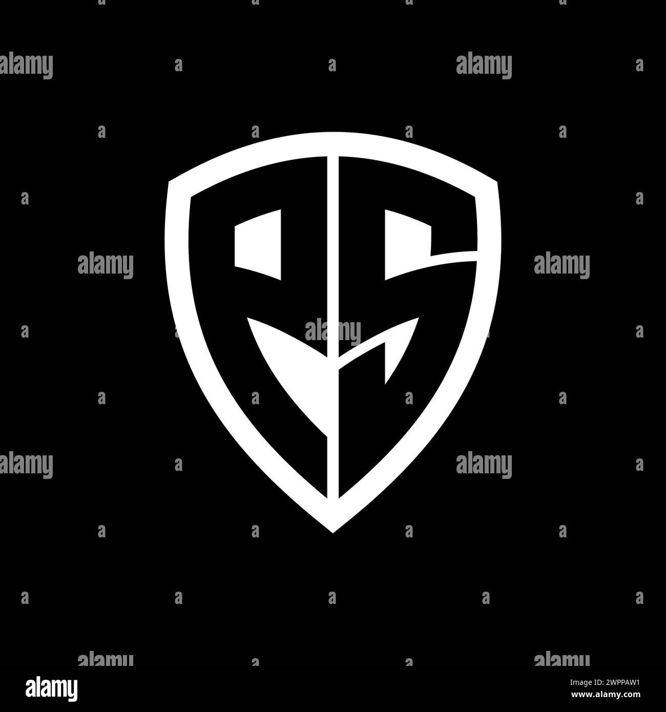 PS-Monogramm-Logo mit auffälligen Buchstaben in Schildform und schwarz-weißer Farbvorlage Stockfoto