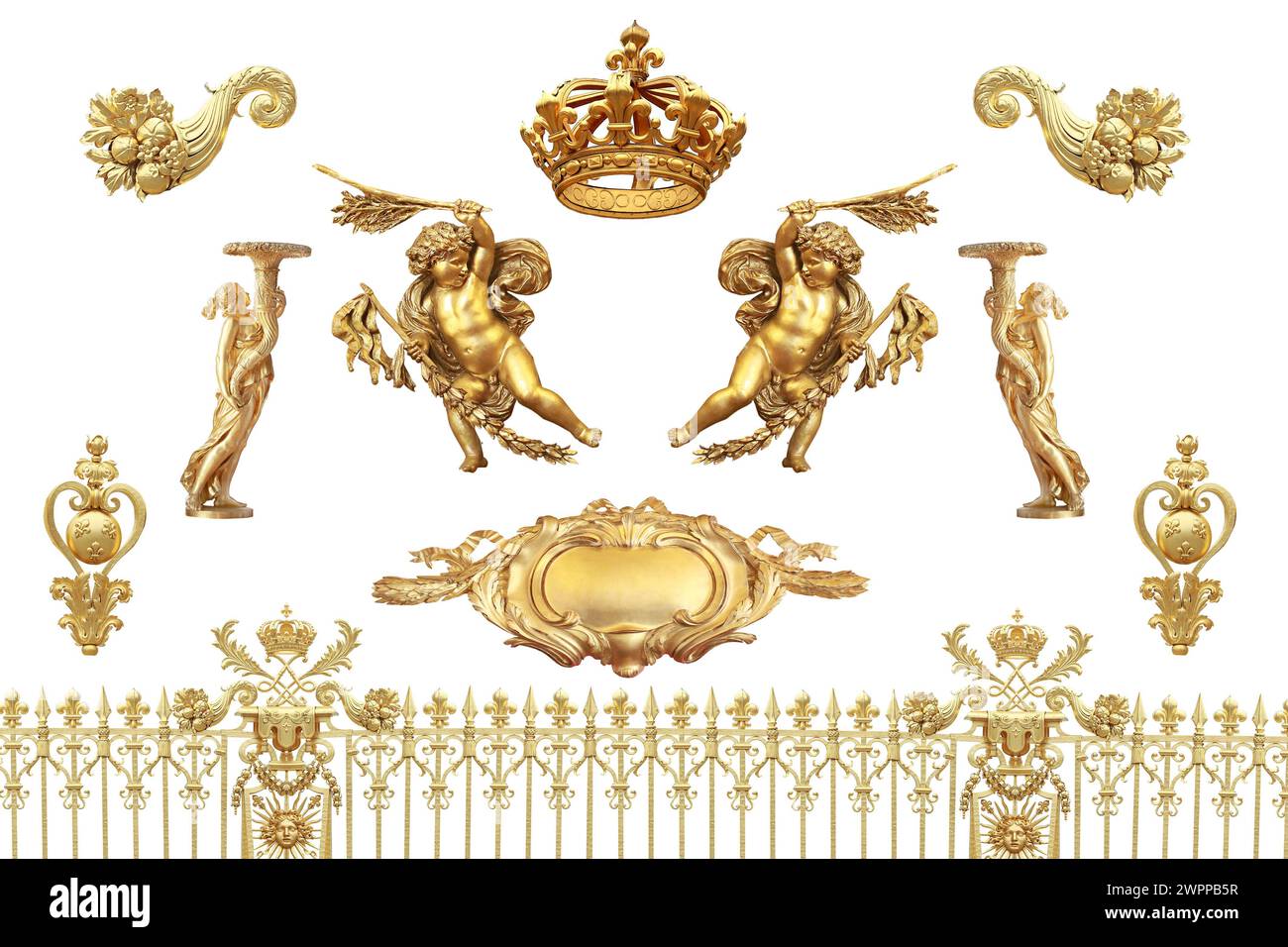 Isoliertes goldenes Detail auf Schloss Versailles. Frankreich. Stockfoto
