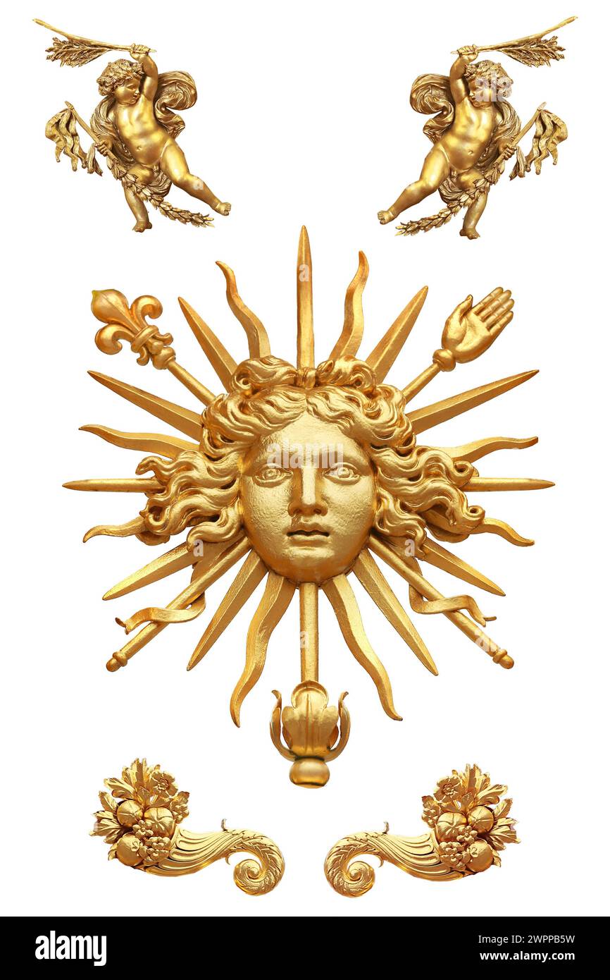 Isoliertes Detail des goldenen Zauns von Schloss Versailles. Frankreich Stockfoto