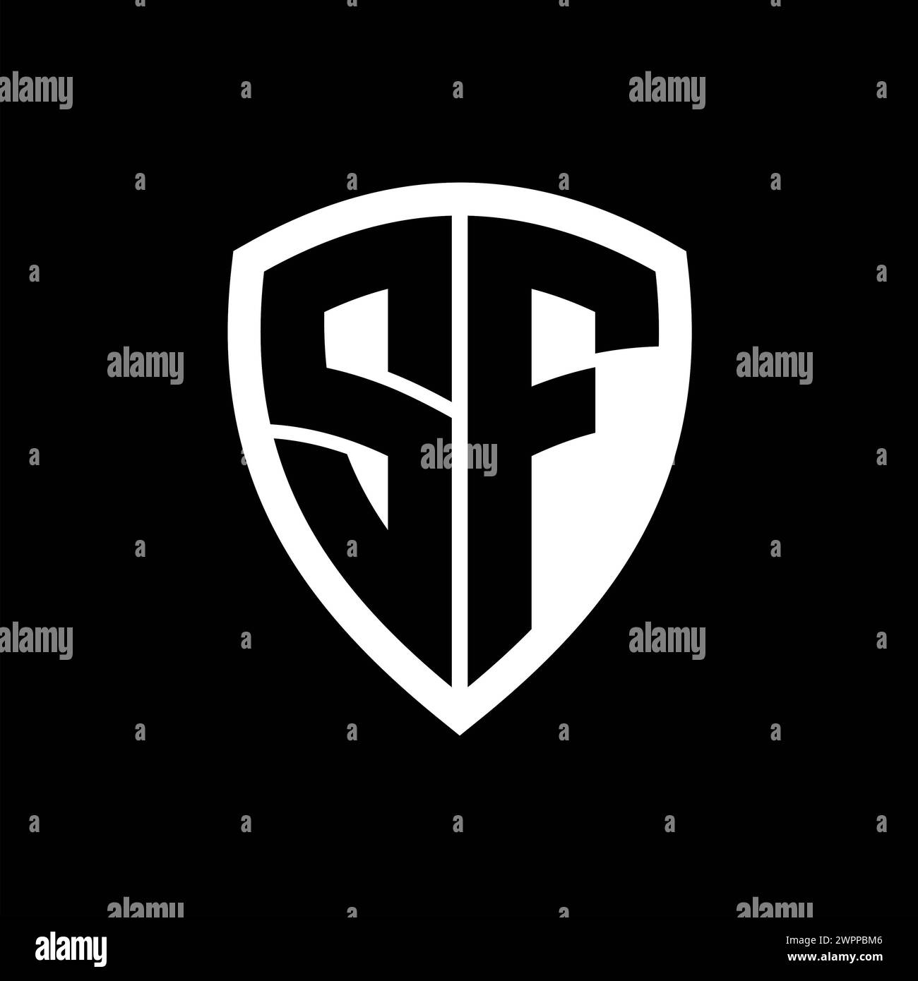 SF-Monogramm-Logo mit auffälligen Buchstaben in Schildform und schwarz-weißer Farbvorlage Stockfoto