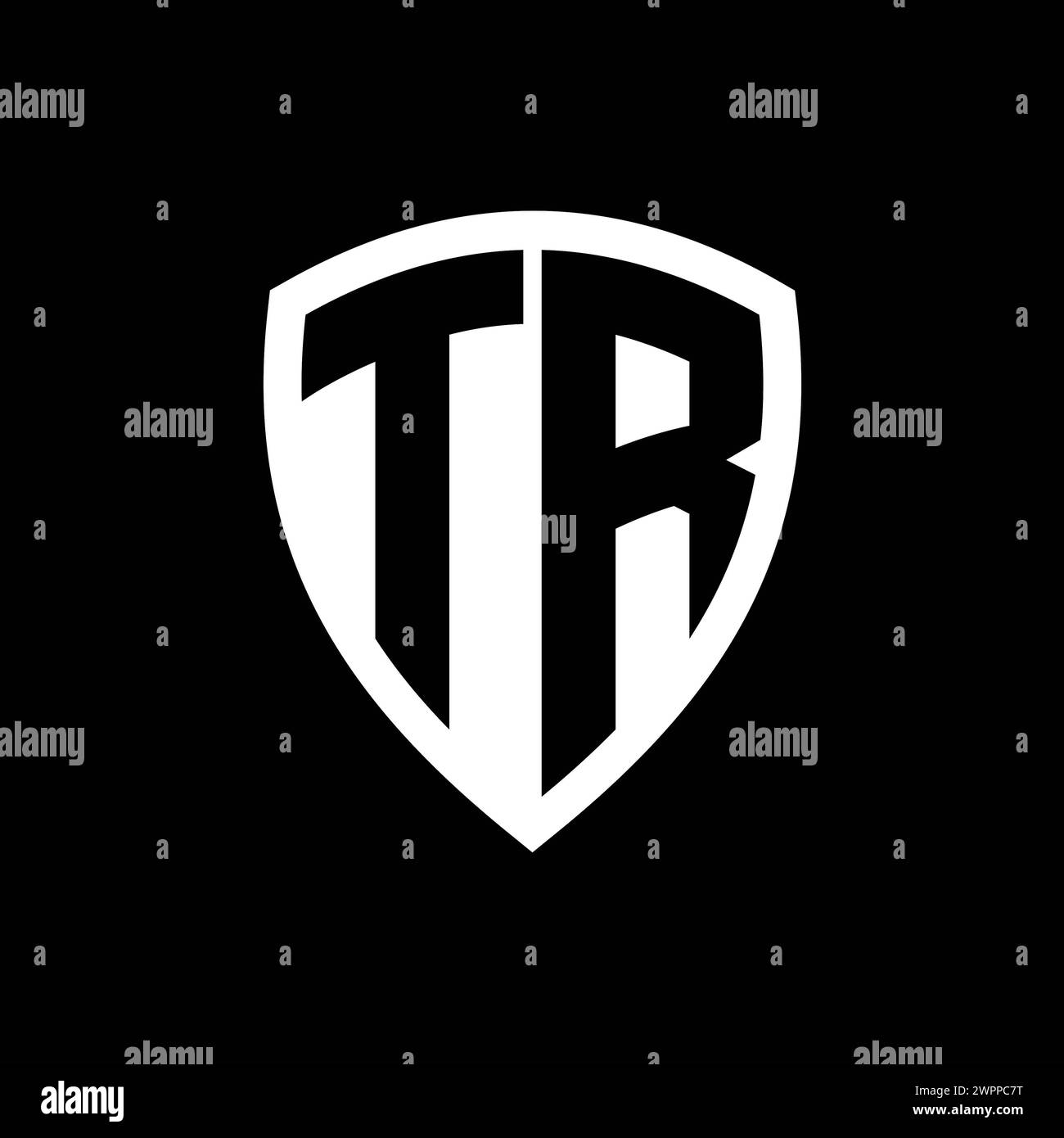 TR-Monogramm-Logo mit auffälligen Buchstaben in Schildform mit schwarz-weißer Farbvorlage Stockfoto