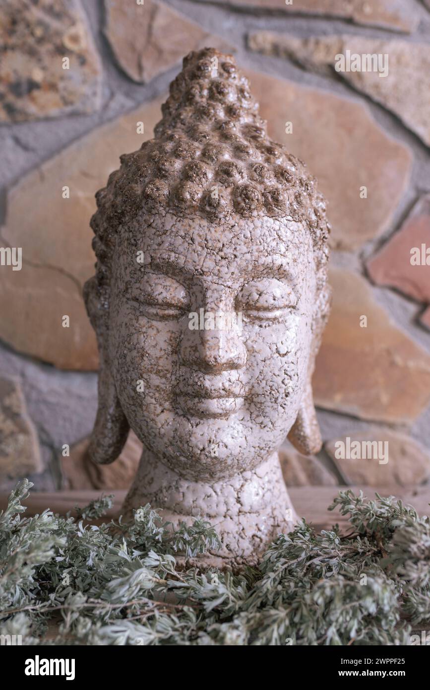 Beiger Buddha-Kopf mit Knistern, Äste von Sagebrausch um seine Basis, eine Felsmauer dahinter. Stockfoto