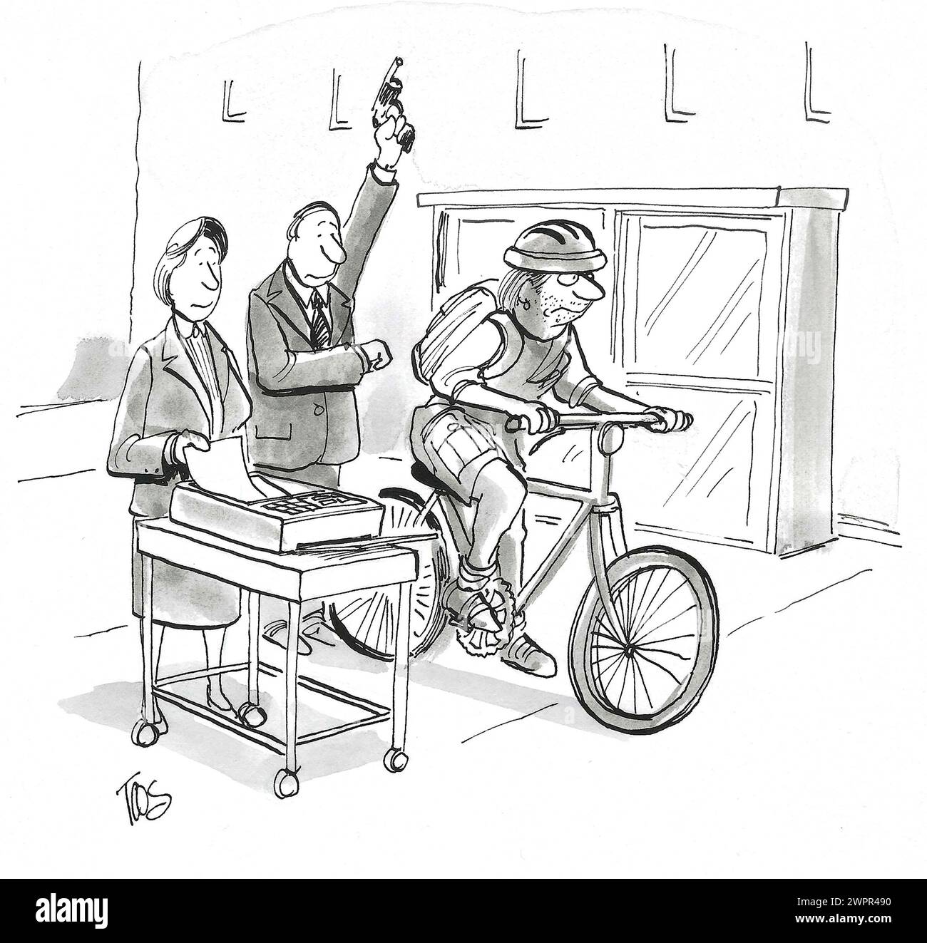 BW-Zeichentrickfilm, über den es schneller geht - Fahrrad oder Faxgerät. Stockfoto