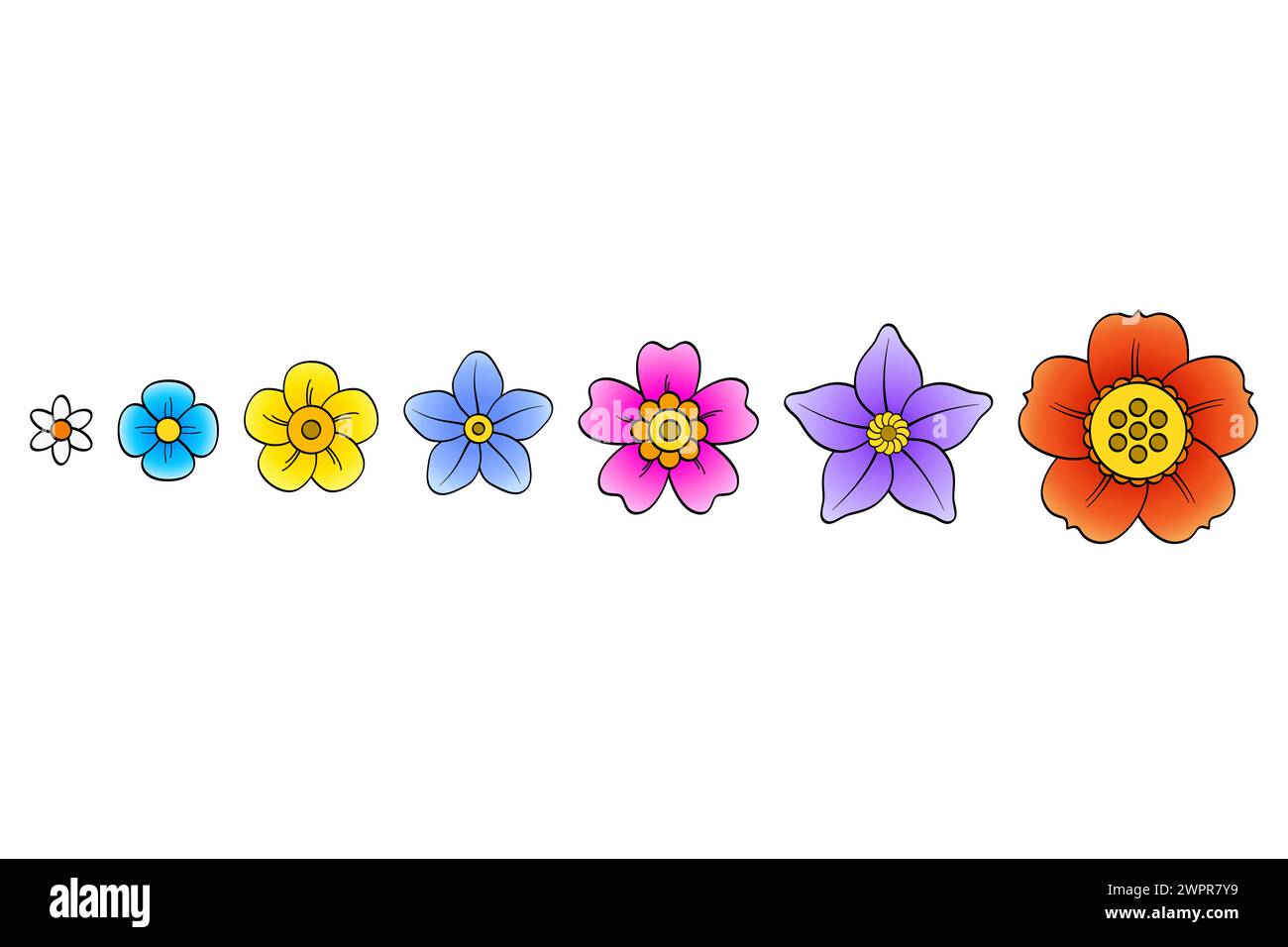 Eine Gruppe bunter Fantasieblüten hintereinander. Set mit sieben Blumen verschiedener Art und in hellen Farben. Isolierte Abbildung auf weißem Hintergrund. Stockfoto