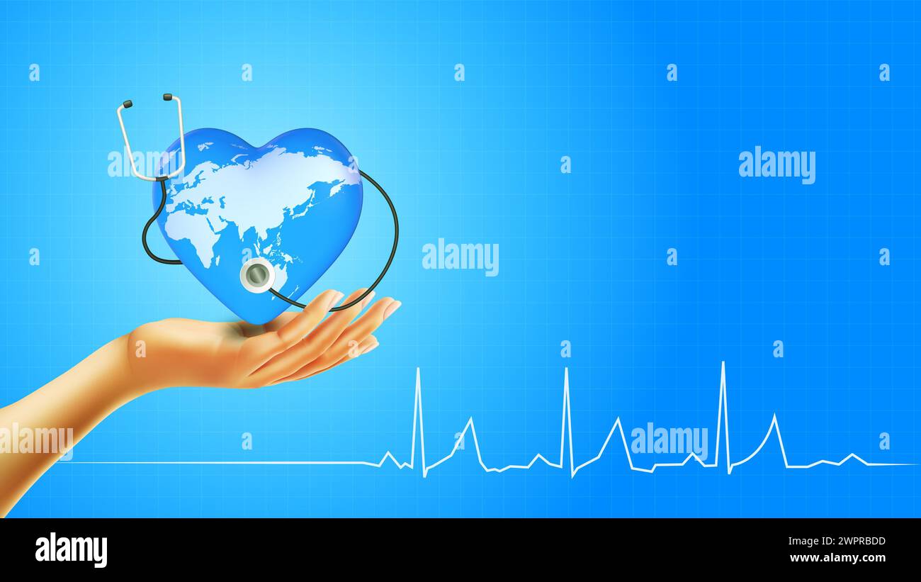 Weltgesundheitstag, Herz Erde zur Hand mit Stethoskop Stockfoto
