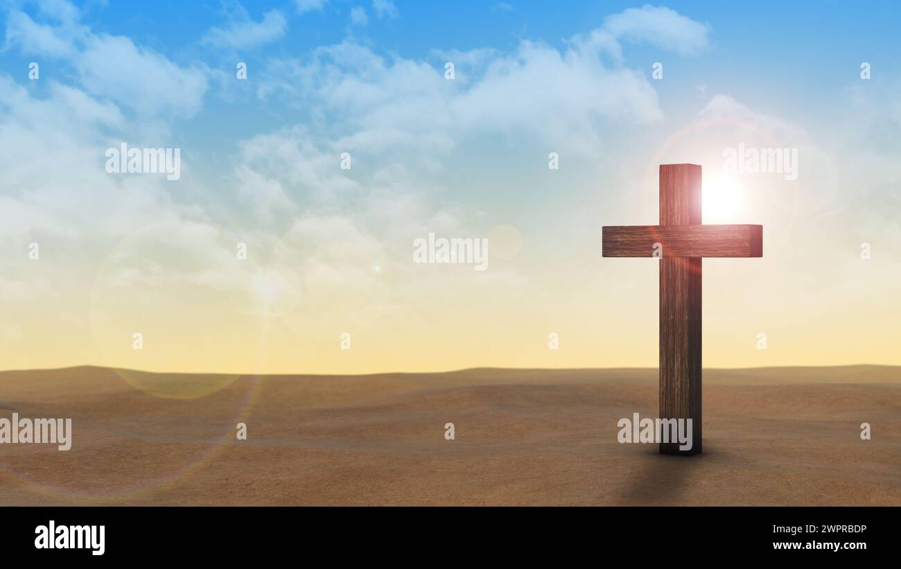 Christliches Kreuz auf dem trockenen Sand, Karfreitagsthema Stockfoto