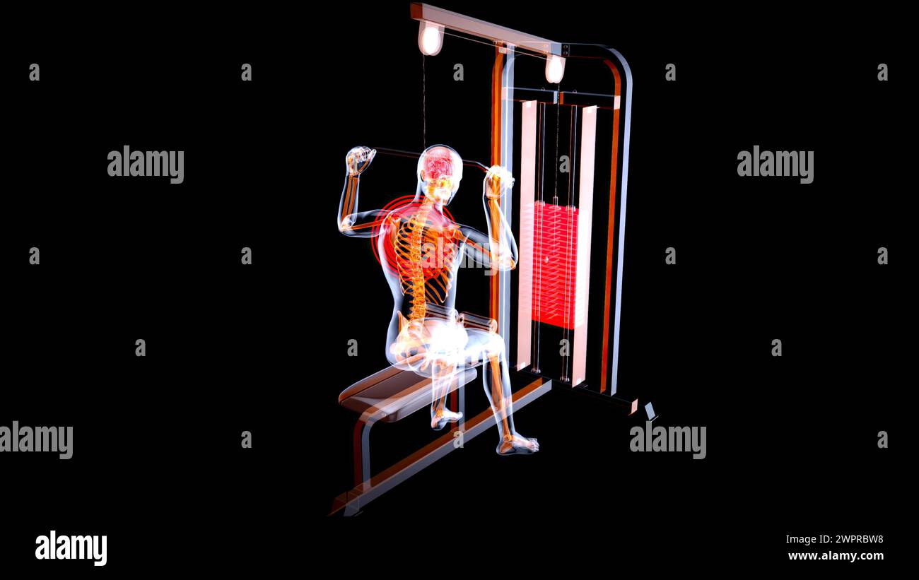 Mann mit Lat Pulldown-Maschine, Abbildung Stockfoto