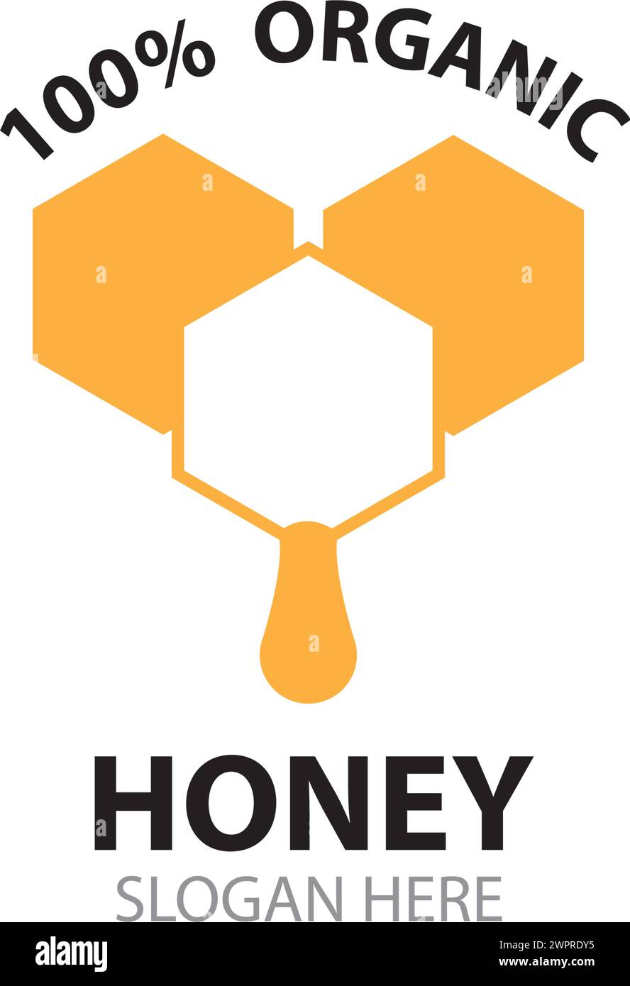 100 % natürliches, rohes Bio-Honig-Logo-Konzept, sechseckiges Honigwabennektar-Tropfenzeichen. Vorlage für die Markenidentitätsvorlage des Beekeeper Farm Badge. Stock Vektor