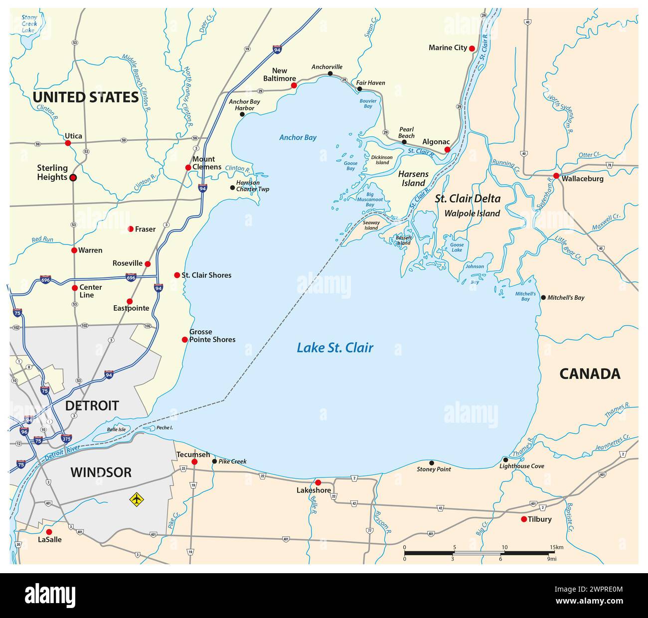 Vektorkarte von Lake St. Clair, Usa, Kanada Stockfoto
