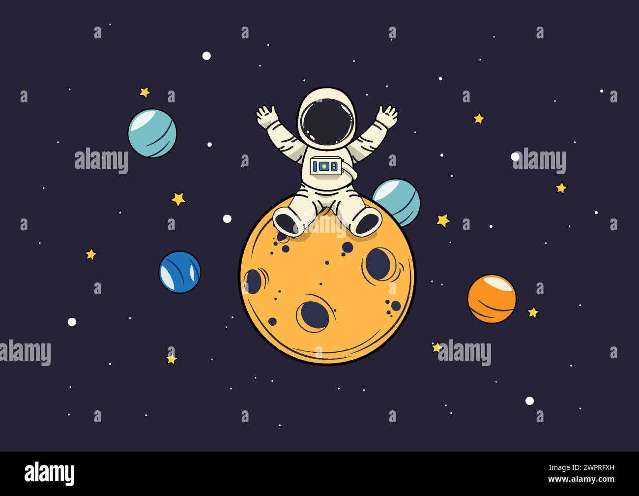 Cartoon-Illustration eines Astronauten auf dem Mond, umgeben von Planeten und Sternen. Der abenteuerliche Geist der Weltraumforschung mit dem astron Stock Vektor