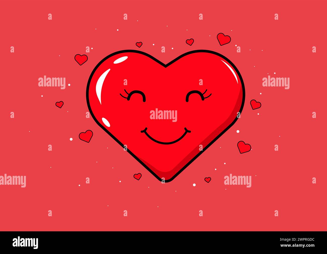 Cartoon Vektor Illustration eines lächelnden roten Herzens umgeben von kleineren Herzen. Der fröhliche Ausdruck des Hauptherzes, umgeben von einer liebevollen Ebr Stock Vektor