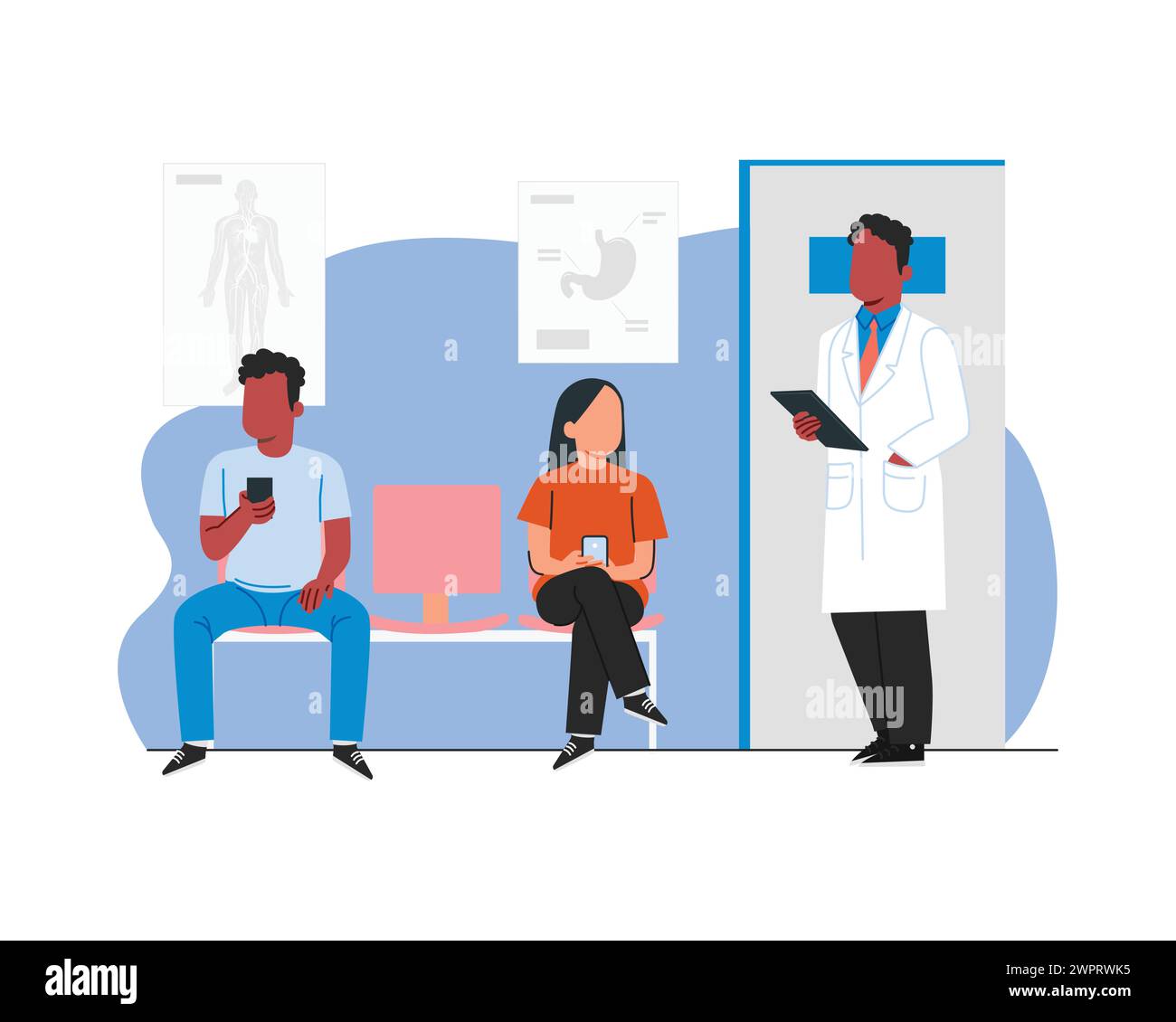 Männlicher Arzt im weißen Labormantel mit seinen männlichen und weiblichen Patienten im Wartezimmer des Krankenhauses. Flaches Design Zeichenvektor-Illustrationsdesign Stock Vektor
