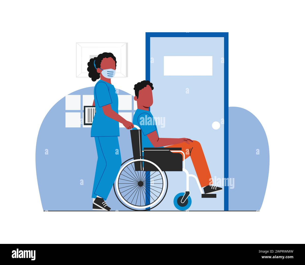 Mann im Rollstuhl mit weiblichem Krankenschwester-Vektor-Illustration-Design. Gesundheitspflege und medizinische Vektor-Illustration Design Stock Vektor
