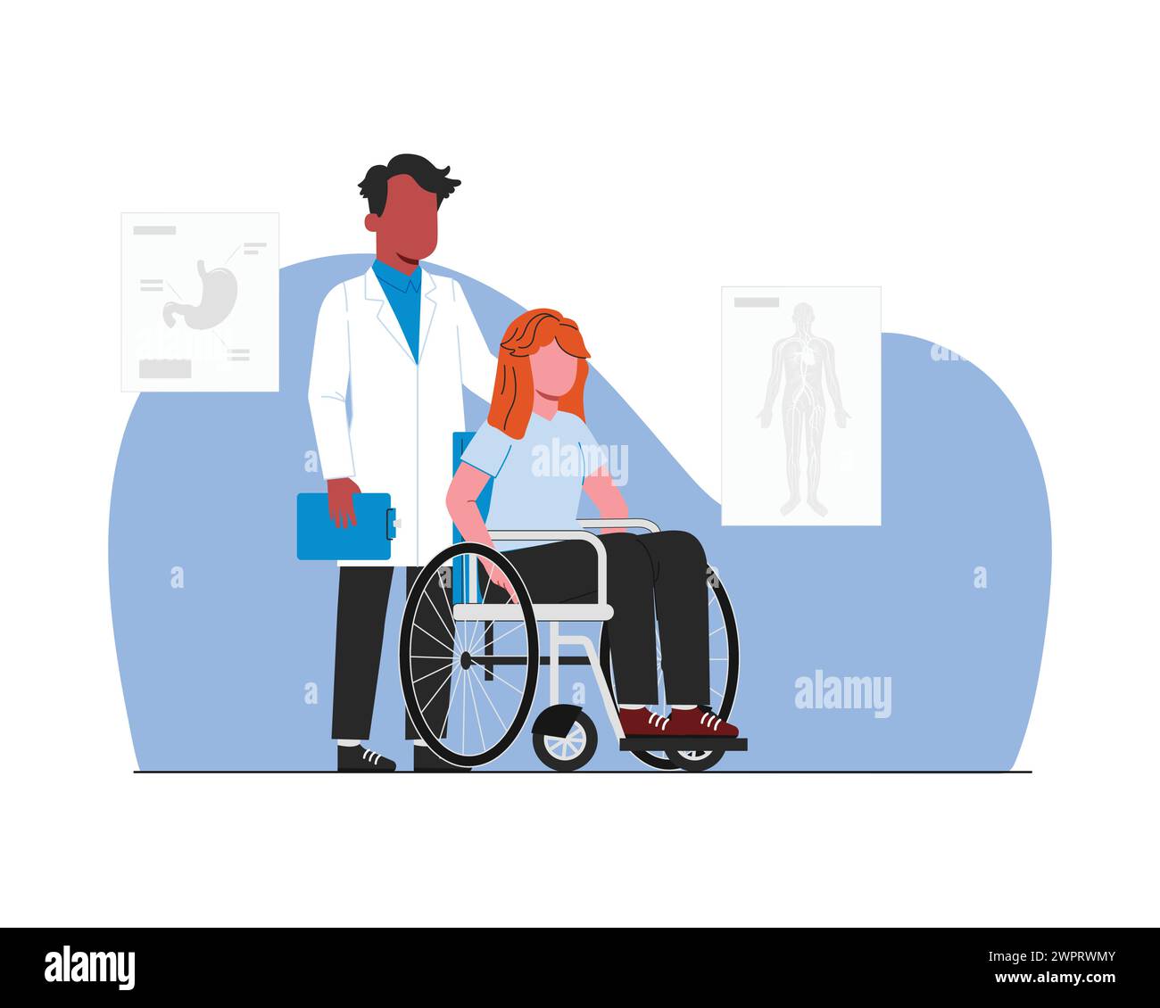 Patient im Rollstuhl mit Arzt. Vektor-Illustration in flacher Art für Gesundheitspflege und medizinisches Thema. Stock Vektor