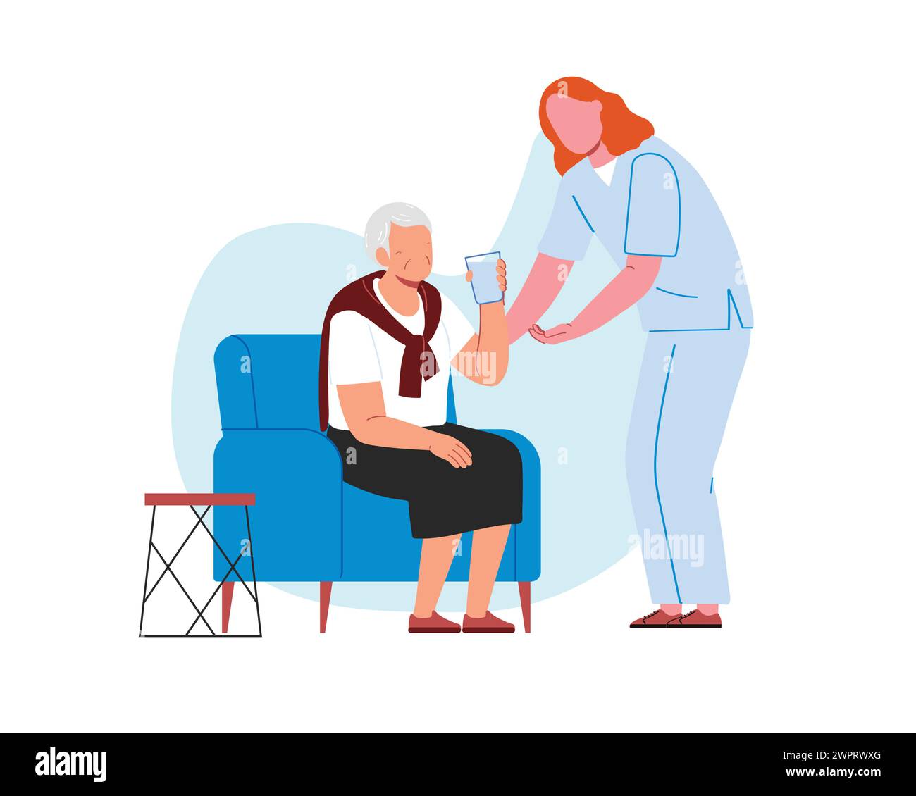 Eine Krankenschwester hilft einer älteren Frau zu trinken, während sie auf dem Sofa sitzt. Flaches Design Zeichenvektor-Illustrationsdesign Stock Vektor