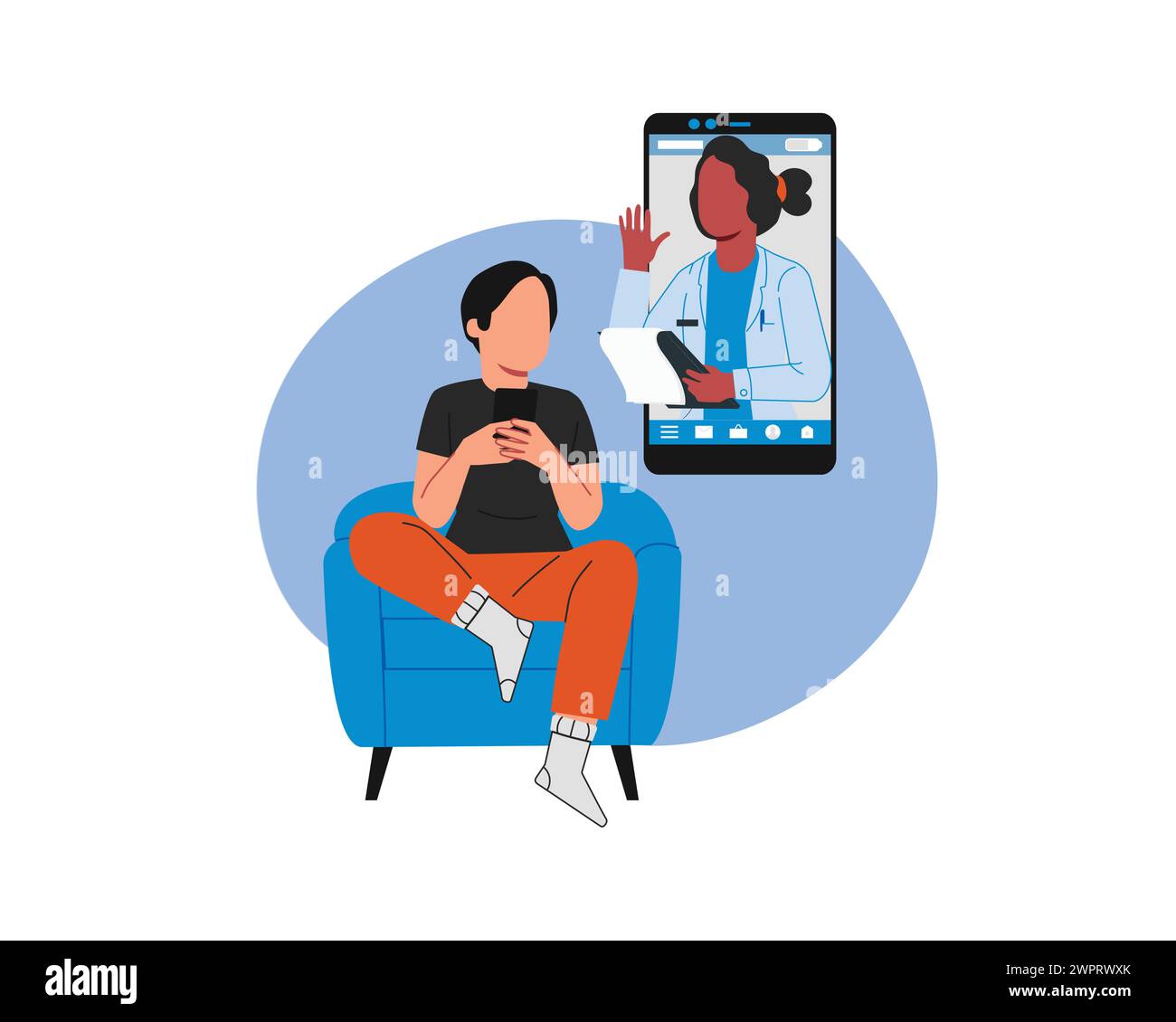 Online-ärztliches Beratungskonzept. Junge Frau, die im Sessel sitzt und ein Smartphone benutzt, um einen Arzt zu rufen. Vektorabbildung in abgewickelter Form Stock Vektor