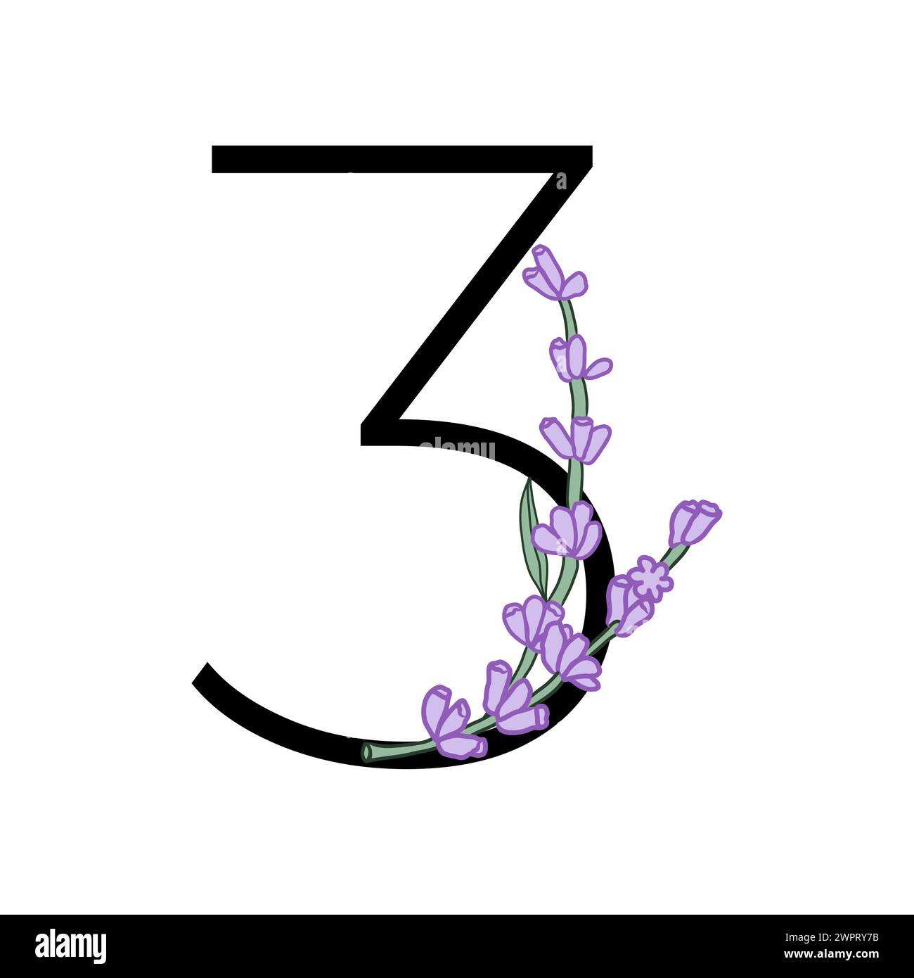 Lavendelblüte violett kleine Blume Handzeichnung Nummer für Hochzeitsdesign von Karte oder Einladung. Vektorillustrationen, isoliert auf weißem Hintergrund Stock Vektor