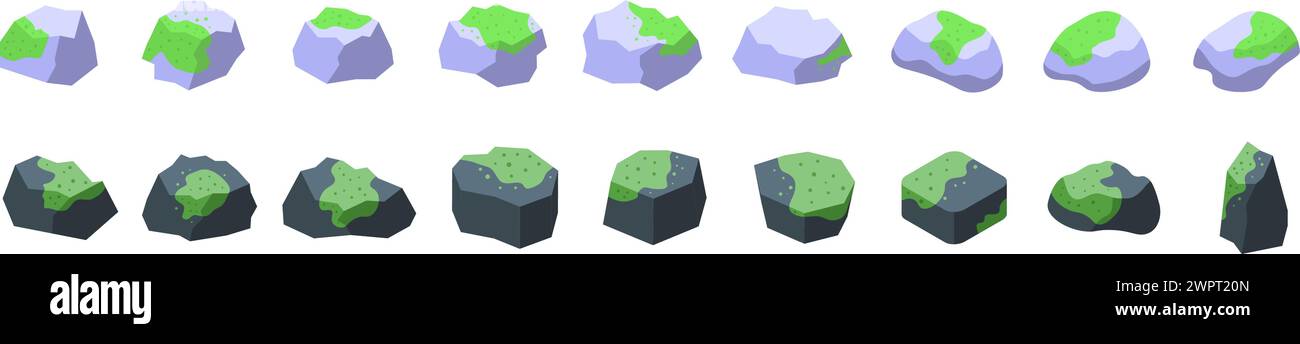 Symbole für Moossteine legen den isometrischen Vektor fest. Sumpfflechtenfelsen. Wilde Waldlandschaft Stock Vektor