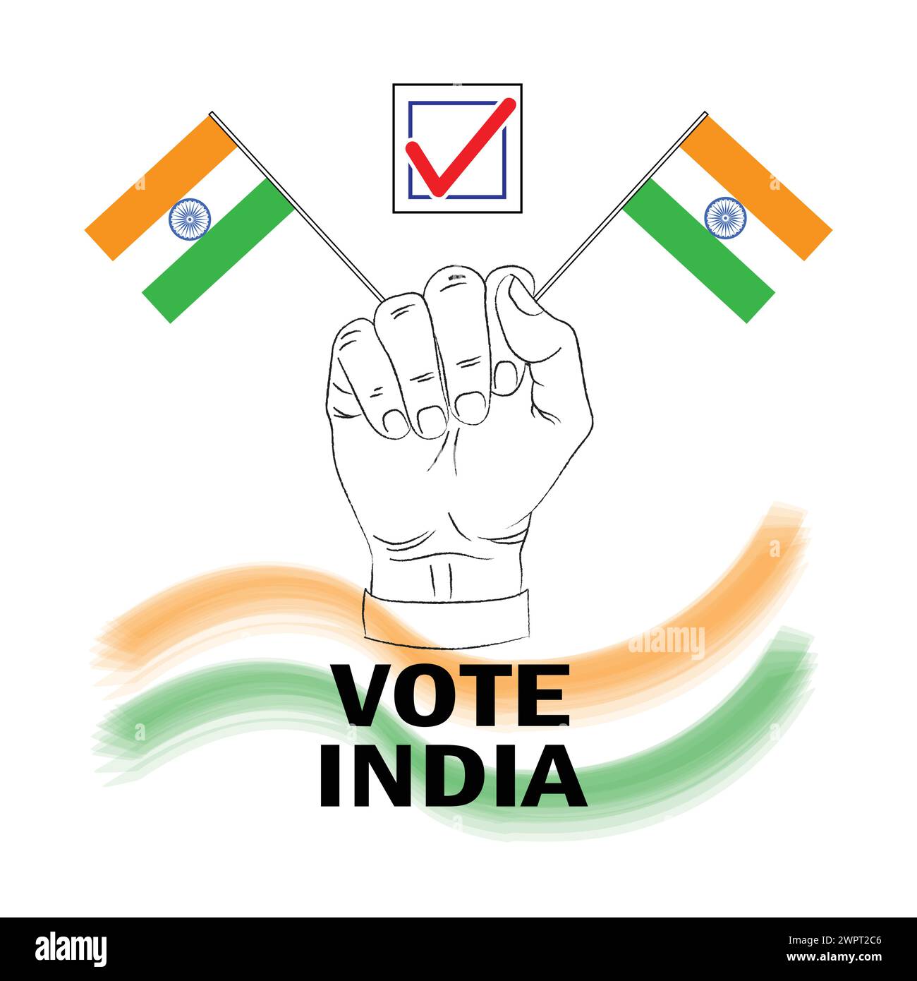 Wählen Sie Indien Banner mit Handfaust, die die Macht des Wählers zeigt, Trikolore Flagge, Indien Wahl, Vektor Illustration Stock Vektor